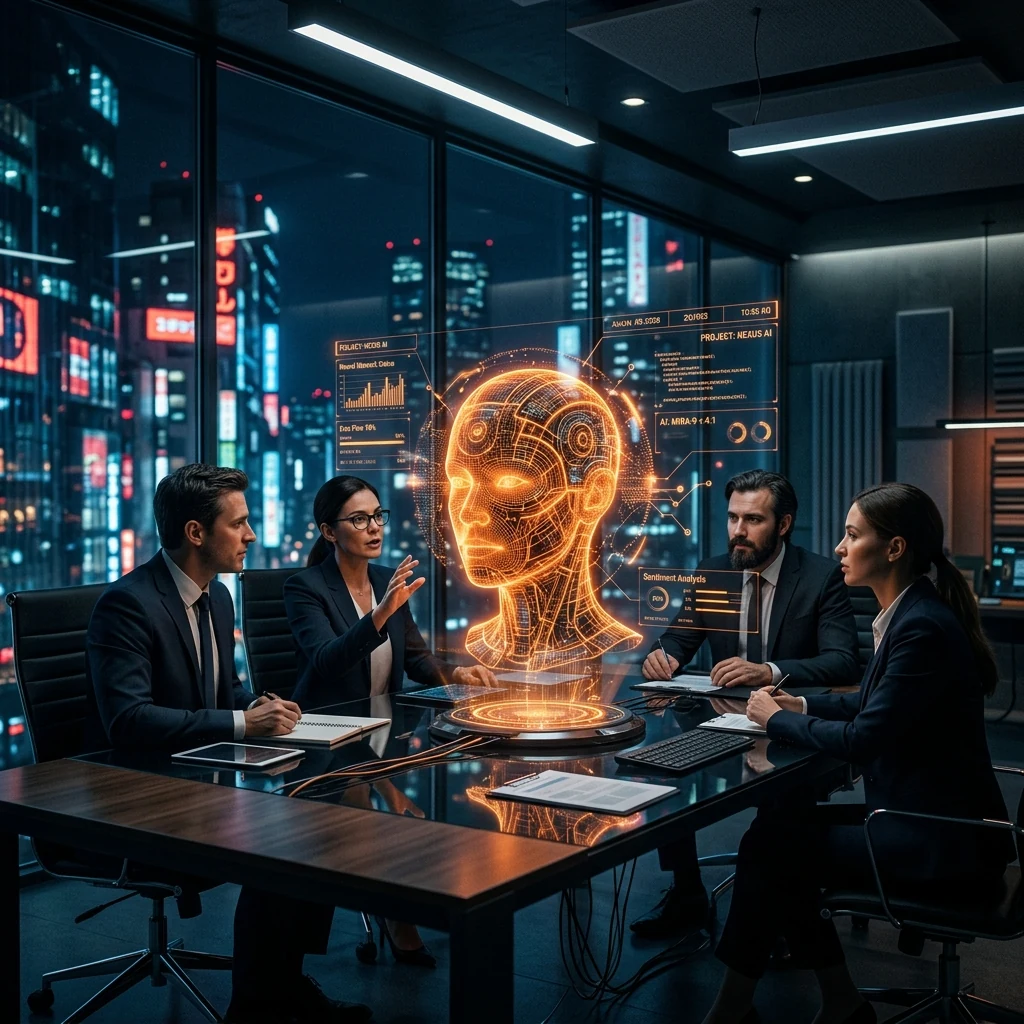 Ilustração: equipe executiva em reunião em torno de um holograma de inteligência artificial